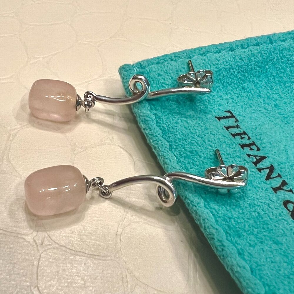 Y2K Tiffany & Co. Sterling Silver Rose Quartz Stud Drop Dangle Earrings US
